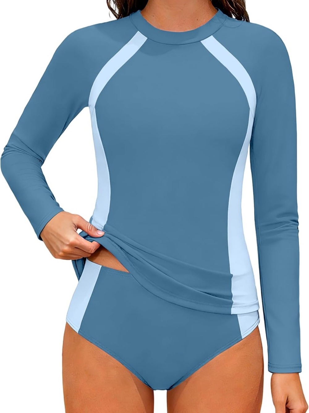 Blue Long Sleeve Rash Guard with Light Blue Accents